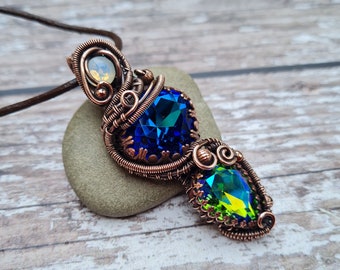 Vibrant Wire Wrapped Twin Crystal Pendant, Chunky Statement Sparkle Necklace, Copper Wrapped Crystal Necklace, Mystic Multi Crystal Necklace