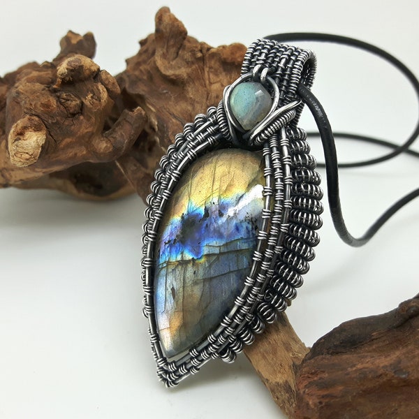 Statement Labradorite Pendant, Wire Wrapped Jewellery, Blue Stone Necklace