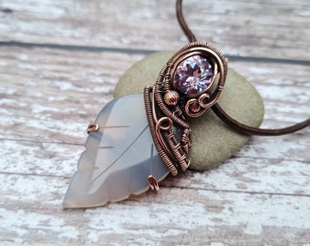 Crystal & Grey Agate Leaf Pendant, Wire Wrapped Nature Inspired Botanical Theme Jewellery, Hand Carved Stone Leaf Statement Necklace