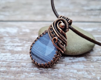 Copper Wire Wrapped Blue Lace Agate Pendant, Artisan Necklace