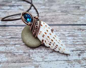 Blue Crystal & Carved Shell Feather Necklace, Wire Wrapped Copper Jewellery, Seashell Pendant, Boho Spiritual Jewellery, Beach Necklace, .