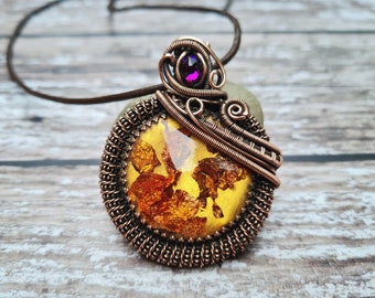 Boho Mixed Metal Wire Wrapped Pendant, Gold and Copper Flake Resin Necklace, Vibrant One of a Kind Chunky Statement Necklace, Earth Tones