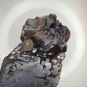 May include: A close-up of a dark brown and gray mineral specimen. The mineral has a crystalline structure with multiple facets and a rough, textured surface. Several smaller, lighter-colored crystals are also visible, adding contrast to the overall appearance.