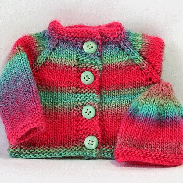 18" American Girl Doll Clothes - Hand Knitted Multicolor Cardigan Sweater and Coordinating Hat. Rose-Red, Aquamarine, Android green, Purple.