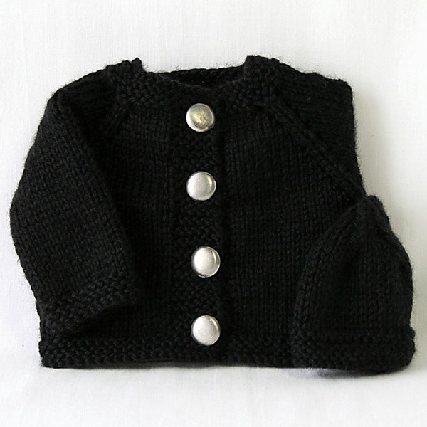 18" American Girl Doll Clothes - Hand Knitted Midnight Black Cardigan Sweater and Hat with Vintage Pewter Buttons.