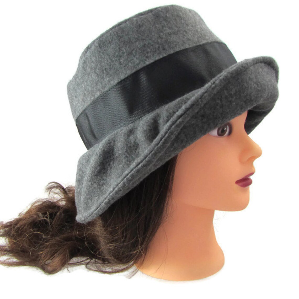 Ladies Charcoal Gray Fleece Bucket Hat With Black Ribbon Band Etsy