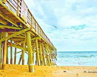 Flagler Beach Fishing Pier, Florida Watercolor Impressionist Art Print Coastal Decor Gifts Ocean Artwork Travel Seaside Painting Bird Sky