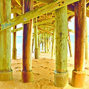 Flagler Beach Historic Fishing Pier Florida Under the Boardwalk Pier Pilings Watercolor Artwork Coastal Landscape Photography Wall Art