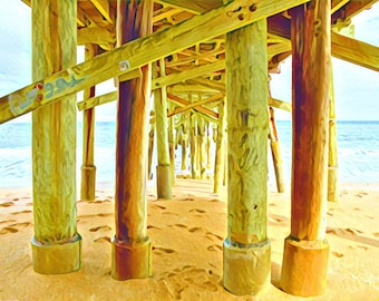 Flagler Beach Historic Fishing Pier Florida Under the Boardwalk Pier Pilings Watercolor Artwork Coastal Landscape Photography Wall Art