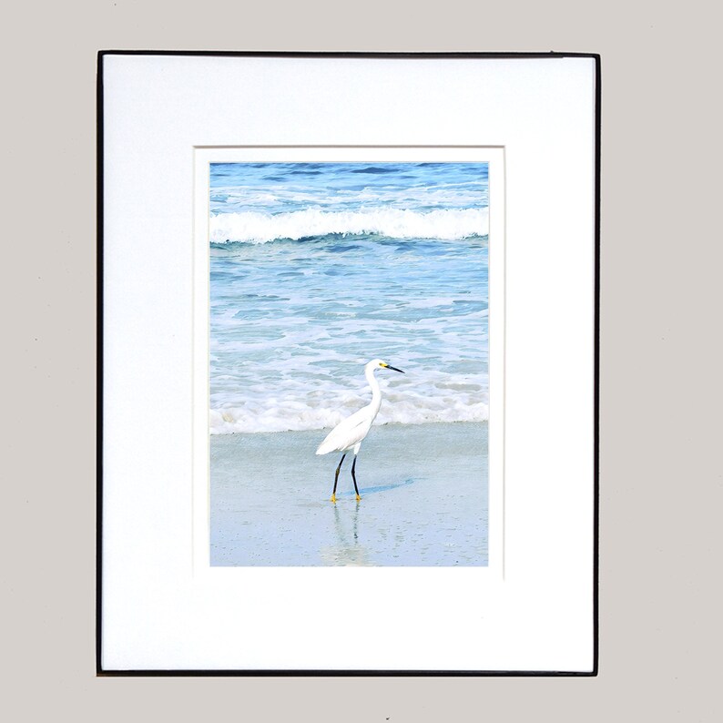 May include: A white egret bird stands on a sandy beach with blue ocean waves in the background.