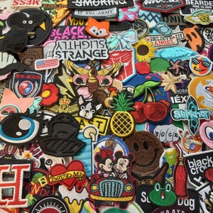 300 MIXED SEW on and IRON on patches, randomly selected patch lot. Mystery grab bag, surprise assortment of appliques