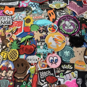 MIXED SEW on and IRON 10/25/50/75/100/150/200/500 patches, randomly selected lot. Mystery grab bag, surprise assortment of appliques