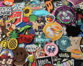 MIXED SEW on and IRON 10/25/50/75/100/150/200/500/1000 patches, randomly selected lot. Mystery grab bag, surprise assortment of appliques