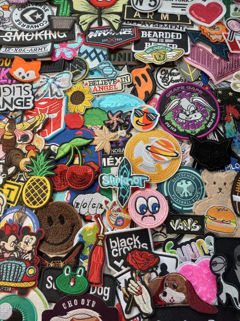 MIXED SEW on and IRON 10/25/50/75/100/150/200/500/1000 patches, randomly selected lot. Mystery grab bag, surprise assortment of appliques image 1