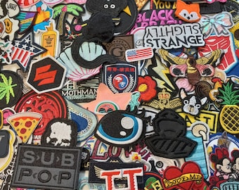 50 MIXED SEW on and IRON on patches, randomly selected patch lot. Mystery grab bag, surprise assortment of appliques