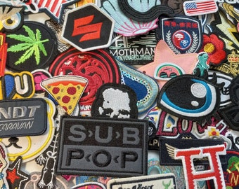 25 MIXED SEW on and IRON on patches, randomly selected patch lot. Mystery grab bag, surprise assortment of appliques