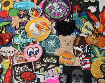 75 MIXED SEW on and IRON on patches, randomly selected patch lot. Mystery grab bag, surprise assortment of appliques
