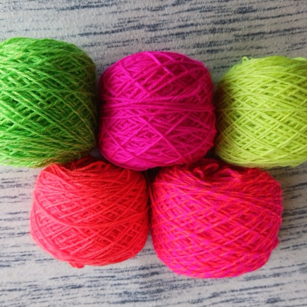 100 Grams 75 Wool 25 Nylon  Sock Yarn 5 Individual 20g Mini Skeins Neon Scrap perfect for heels, toes and cuffs. Add a bright pop of color!