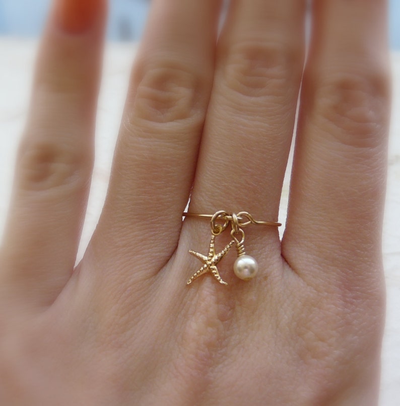 Charm ring, Beach ring, Gold filled ring, Starfish ring, Dainty ring, Delicate ring, Pearl ring image 1