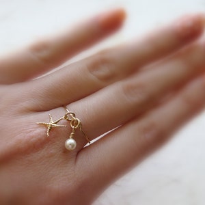 Charm ring, Beach ring, Gold filled ring, Starfish ring, Dainty ring, Delicate ring, Pearl ring image 2