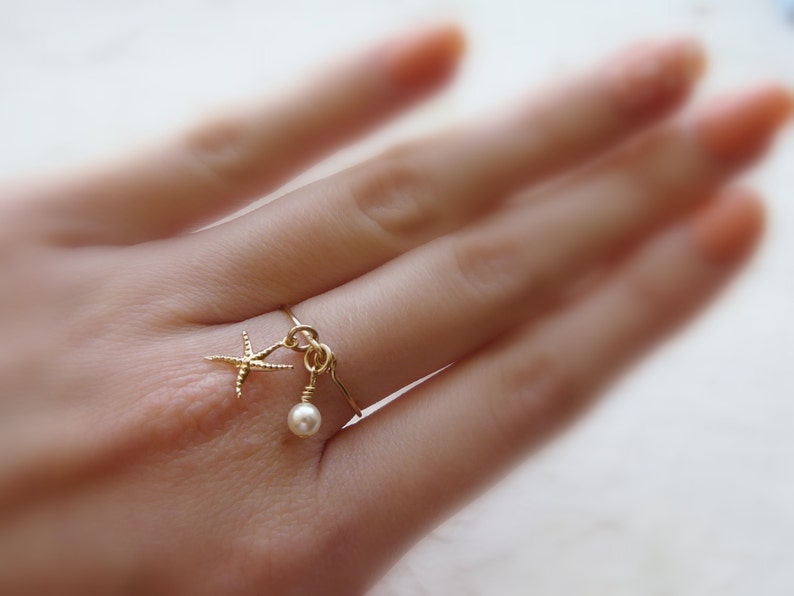 Charm ring, Beach ring, Gold filled ring, Starfish ring, Dainty ring, Delicate ring, Pearl ring image 2