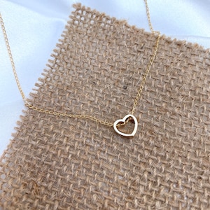 Delicate Gold Heart Necklace, Dainty Heart Pendant, Hollow Heart Charm, Minimalist Style, Delicate Jewelry