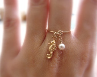 Charm ring, Gold filled ring, Seahorse ring, Dainty ring, Delicate ring, Pearl ring, Wire ring