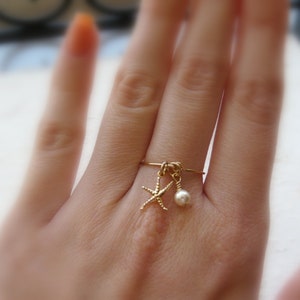 Charm ring, Beach ring, Gold filled ring, Starfish ring, Dainty ring, Delicate ring, Pearl ring image 3
