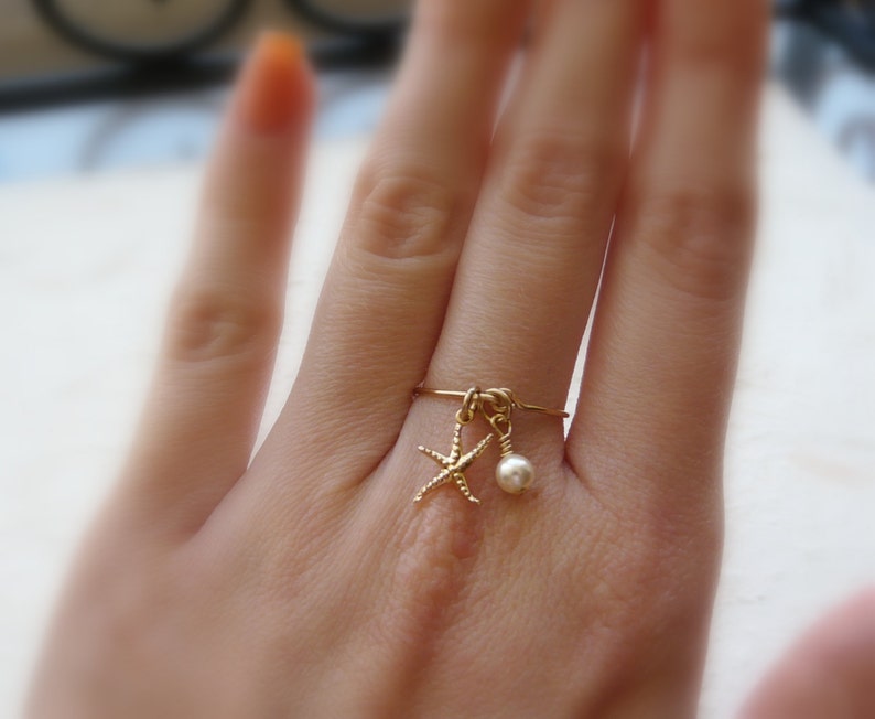 Charm ring, Beach ring, Gold filled ring, Starfish ring, Dainty ring, Delicate ring, Pearl ring image 3