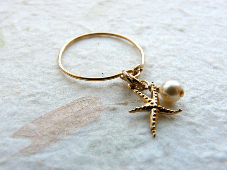 Charm ring, Beach ring, Gold filled ring, Starfish ring, Dainty ring, Delicate ring, Pearl ring image 4