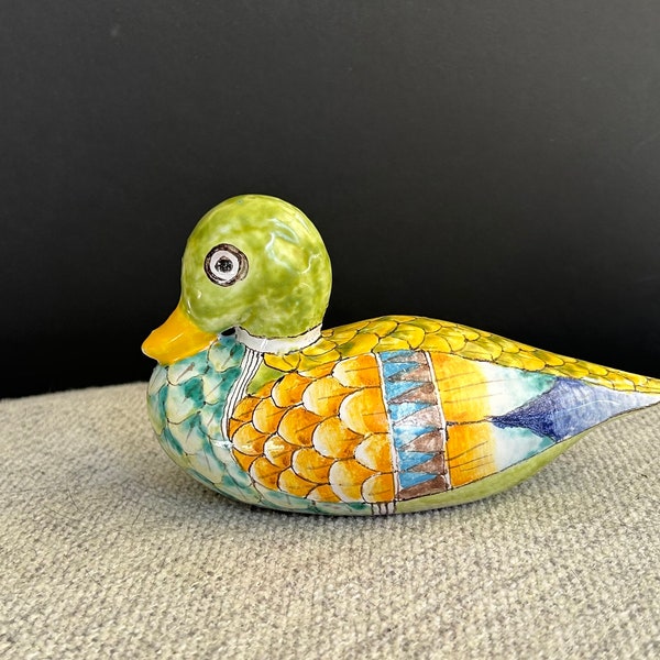 Vintage Red Clay Pottery Duck Figurine, Folk Art, Hand Painted, Ceramic, Talavera, 7”x 4”