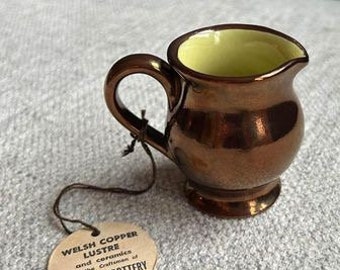 Vintage Welsh Copper Lusterware Creamer, Jug, Pitcher, Creigiau Pottery, South Wales, Unique Light Green Interior, 2.5” tall, Original Tag