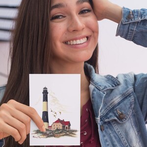 Carte de correspondance Fire Island Lighthouse pour les amateurs de phares. Carte de correspondance aquarelle de New York Lighthouse, cadeau pour les amateurs de phares