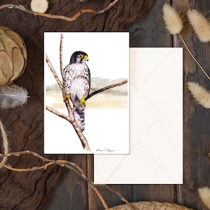 May include: A watercolor painting of a small falcon perched on a branch. The bird has a black head, brown and white feathers, and yellow feet. The background is a light brown color.