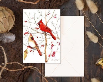 Cardinal Note Card Set of Male an Female Cardinal Christmas Gift Pack Of Original Cardinal Watercolor Stationary For Bird Lover of Gift Card