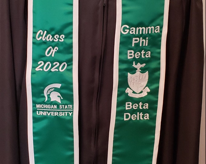 Featured listing image: SATIN GRADUATION STOLE/Slant Bottom/Satin Trim/Custom Embroidered Graduation Stole-Sash- Greek Letter /Monogrammed /Class of 2020