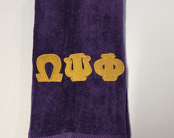 OMEGA PSI PHI /Embroidered Purple Finger Towel/3 piece purple towel set/Purple Terry cloth Shower Wrap w Greek Letter Embroidery