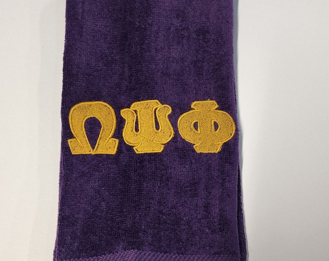 OMEGA PSI PHI /Embroidered Purple Finger Towel/3 piece purple towel set/Purple Terry cloth Shower Wrap w Greek Letter Embroidery