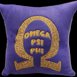 Que/OMEGA PSI PHI 16" Greek Letter Embroidered Purple & Gold Pillow/Omega Throw Pillow/Que Pillow/Que Embroidered Pillow