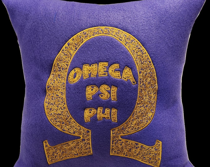 Que/OMEGA PSI PHI 16" Greek Letter Embroidered Purple & Gold Pillow/Omega Throw Pillow/Que Pillow/Que Embroidered Pillow