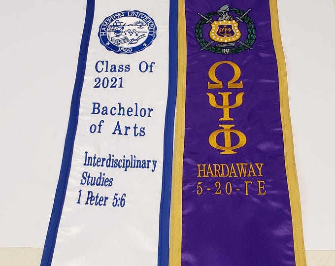 Omega Psi Phi Graduation Stole/Custom, Personalized Graduation Stole/PURPLE n GOLD Graduation Stole/QUE Graduation Stole