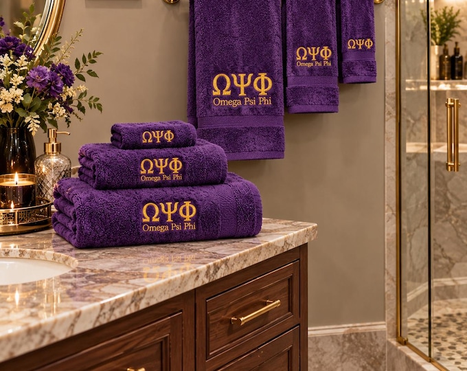 Embroidered Omega Psi Phi Purple Towel Set: Omega Psi Phi Gift/Omega Finger Towel/Omega Psi Phi Shower Wrap