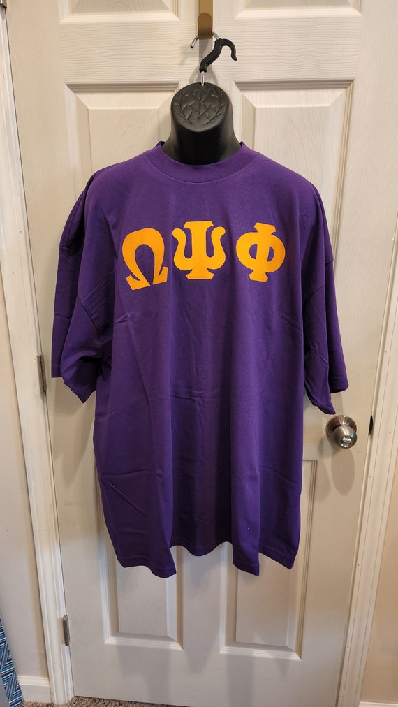 OMEGA PSI PHI Greek Letter Purple Tee Shirt/Gold Greek Letters on Purple Tee Shirt/Size 2XLg Omega Tee Shirt/OpP Greek Ltr Shirt