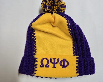 Crocheted n Embroidered OMEGA PSI PHI Beanie w Gold n Purple Pompom/Purple Hand Crocheted Beanie with Gold Fleece Greek Letters Embroidered