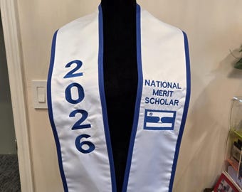 MERIT SCHOLAR SATIN Graduation Stole/Slant Bottom/Contrast Trim/Custom Embroidered Graduation Stole /Monogrammed /Class of 2025..xx