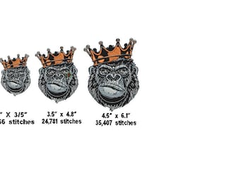Gorilla with a Crown/Machine Embroidery Stitch File/Gorilla Face w Crown Embroidery formats dst,exp,jef,sew,pes,hus,pcs,xxx/3 sizes Gorilla