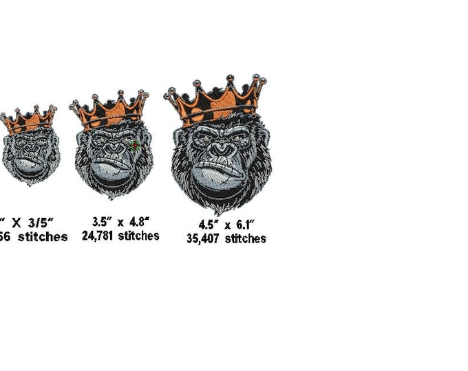 Gorilla with a Crown/Machine Embroidery Stitch File/Gorilla Face w Crown Embroidery formats dst,exp,jef,sew,pes,hus,pcs,xxx/3 sizes Gorilla