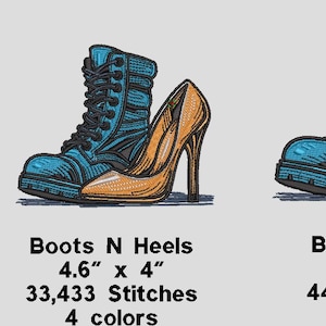 Op de afbeelding: Drie geborduurde ontwerpen van laarzen en hakken in verschillende maten. De laarzen zijn blauw met bruine veters en de hakken zijn oranje. De ontwerpen zijn gelabeld "Boots N Heels" met de maat en het aantal steken voor elk ontwerp.