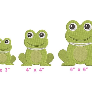 May include: Three embroidered frog designs with a pearl necklace. The frogs are green with black eyes and are 3 inches by 3 inches, 4 inches by 4 inches, and 5 inches by 5 inches.