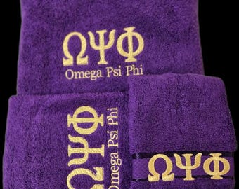 OMEGA PSI PHI Purple Viscose Stripe Towel Set/Bath, Hand and Wash Cloth/Que Purple Towel Set
